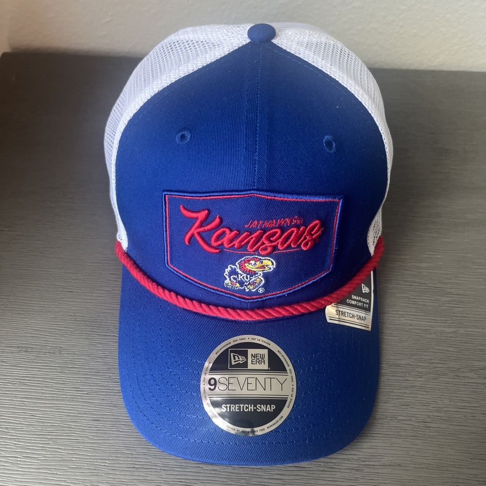 Kansas Jayhawks New Era 9SEVENTY Stretch-Snap Trucker Hat Blue White NWT
